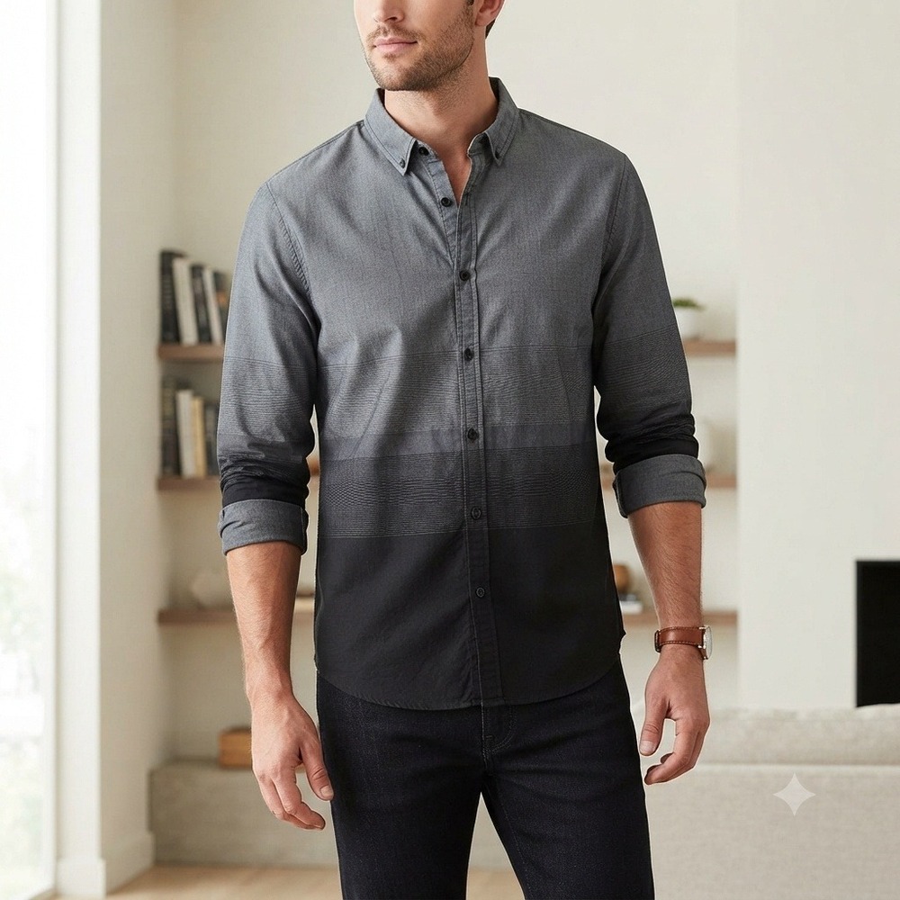 Guess Los Angeles Mens XL Slim Fit Ombre Button Down‎ Shirt Grey Black Gradient